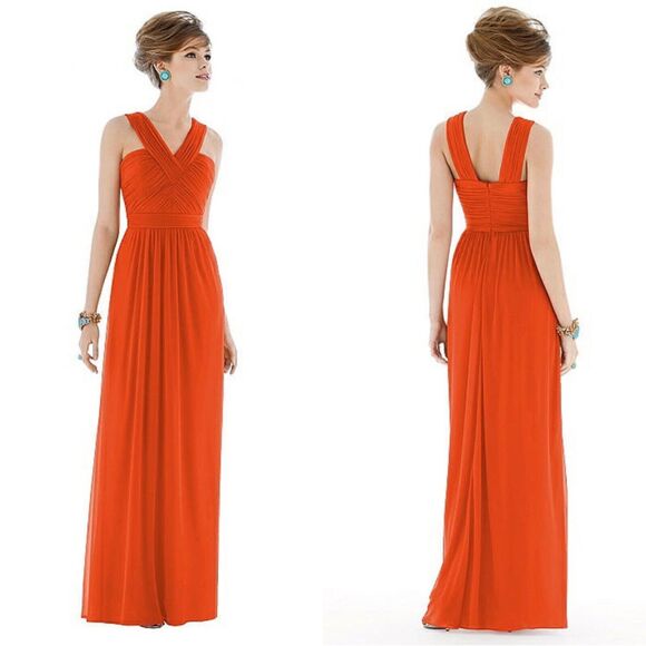 Alfred Sung Full Length Chiffon V-Neck Dress Tangerine Tango D678 Women's 2 NWT - Picture 1 of 10